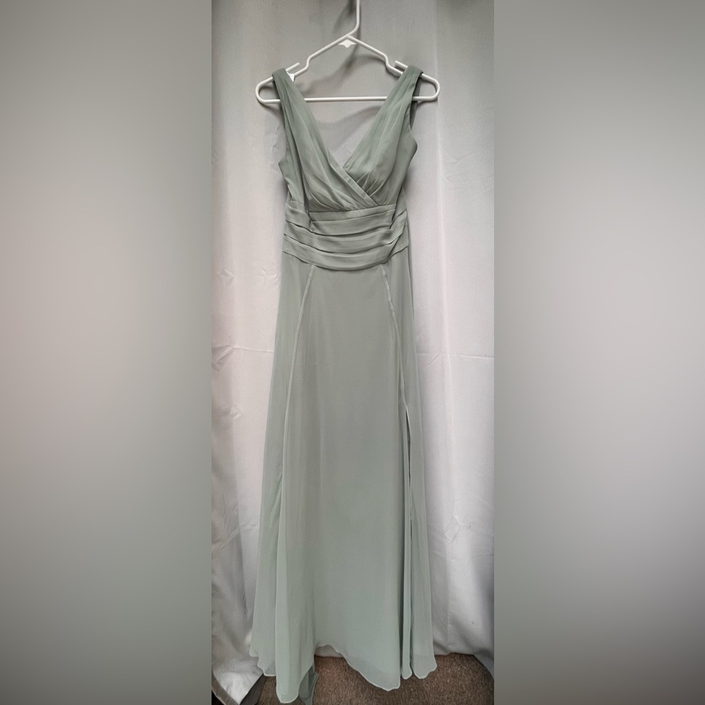 David’s Bridal Dusty Sage Long Chiffon Surplice Tank Dress